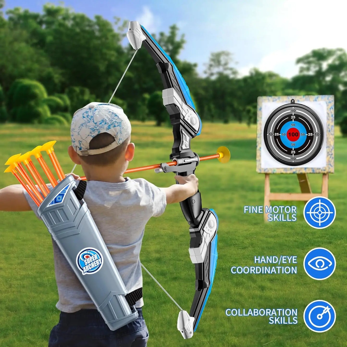 Kids Bow and Arrow Set – LED Light Up Archery Toy Set with 10 Suction Cup Arrows